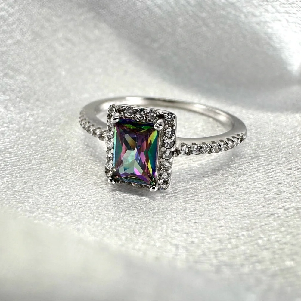 925 Sterling Silver Rhodium CZ mystic topaz Ring w/ polishing cloth Size 6 NEW